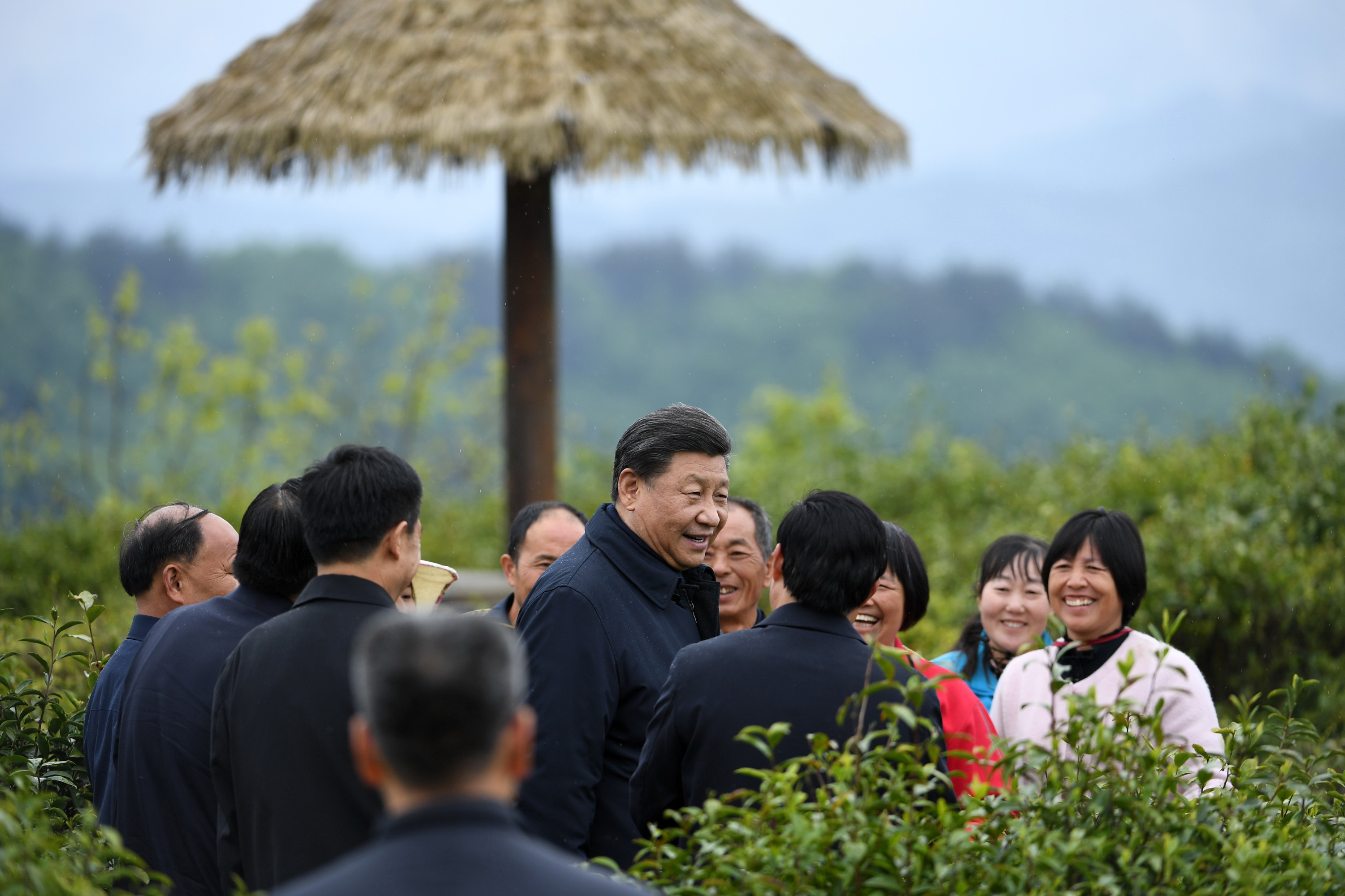2020年4月21日，習(xí)近平在安康市平利縣老縣鎮(zhèn)蔣家坪村女?huà)z鳳凰茶業(yè)現(xiàn)代示范園區(qū)，同茶農(nóng)們親切交談。